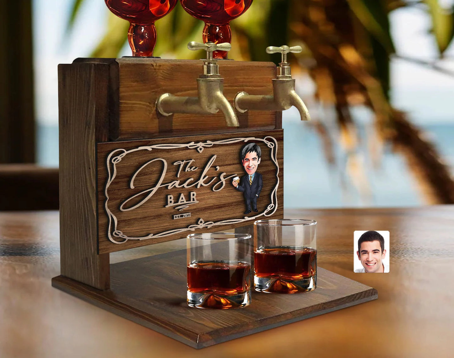 Personalized Cartoon Wooden Double Faucet Whiskey Liquor Dispenser Fountain