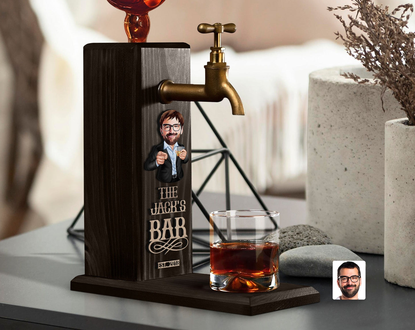 Personalized Whiskey Dispenser with Embossed Name and Cartoon Design