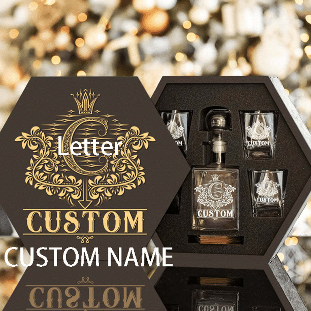 Personalized Whiskey Decanter Set with Wooden Box and Coasters