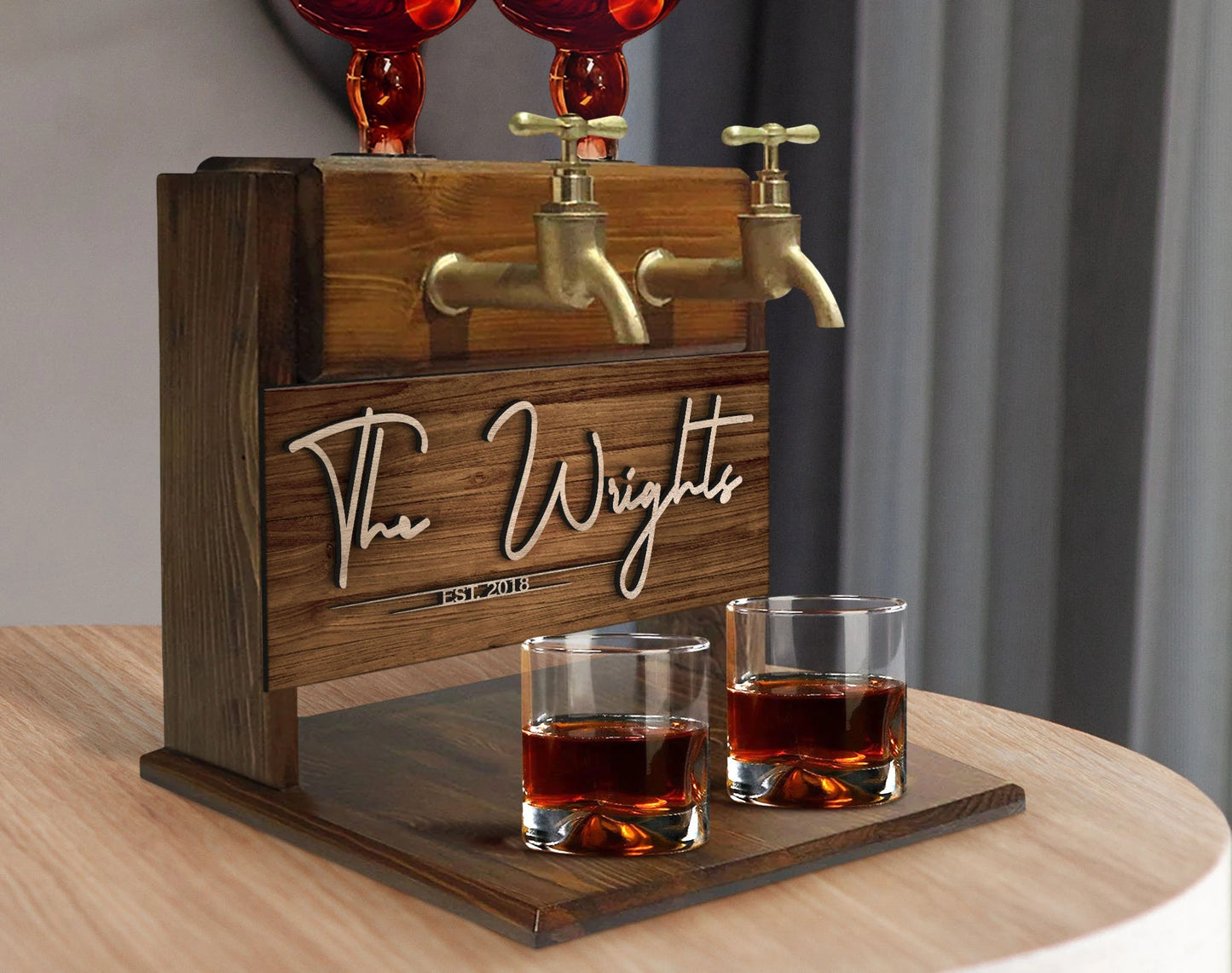 Personalized Family Name Double Faucet Whiskey Dispenser Home Bar