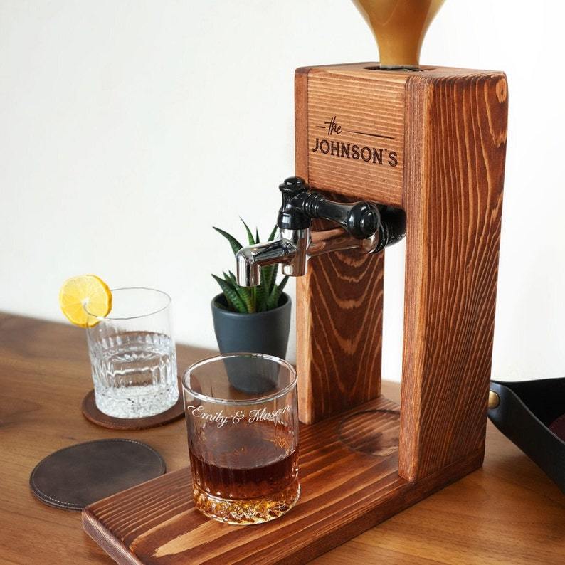 Personalized Wooden Whiskey Liquor Dispenser: Wedding, Engagement, Anniversary Gift
