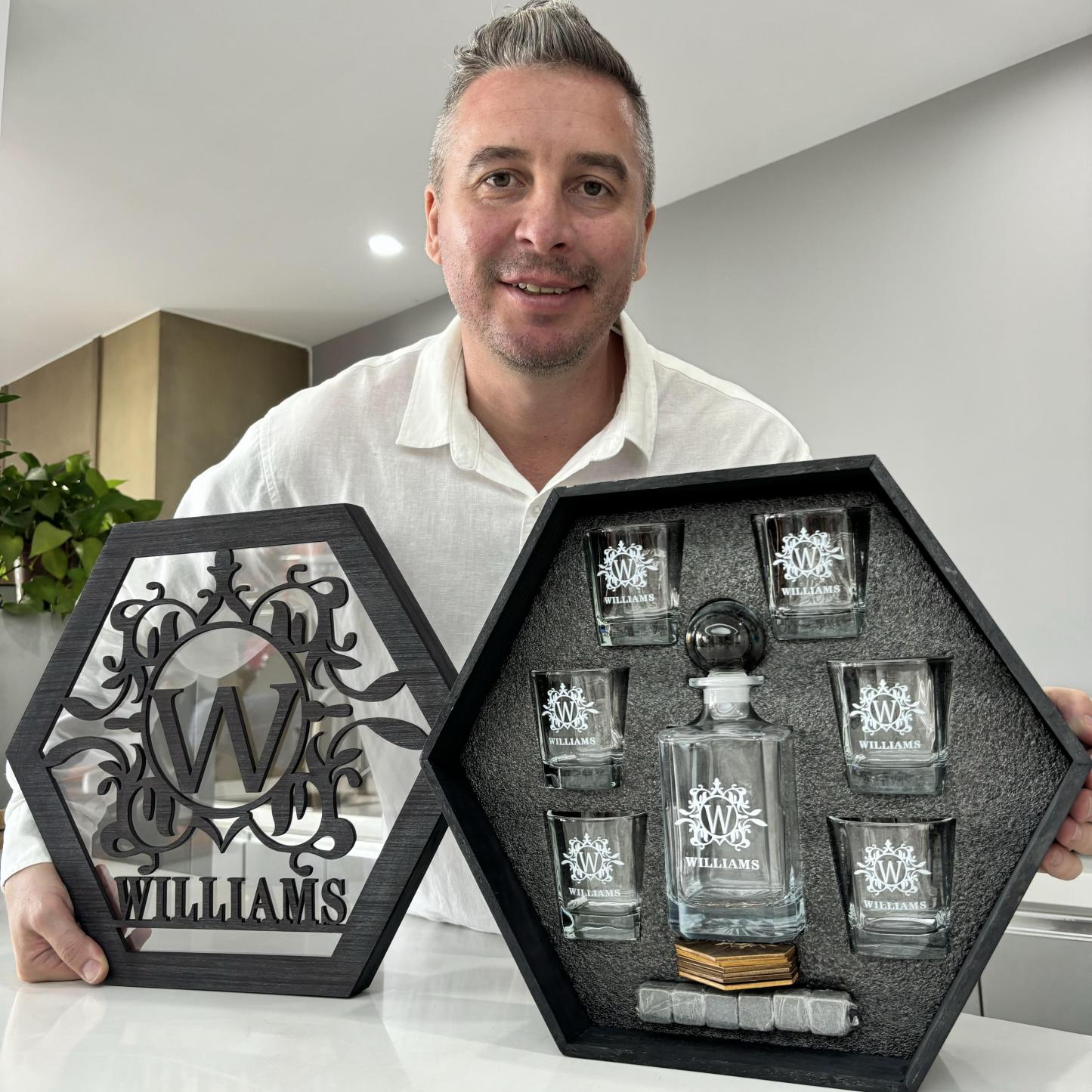 Personalized Whiskey Decanter Set Engraved with Box and Glasses
