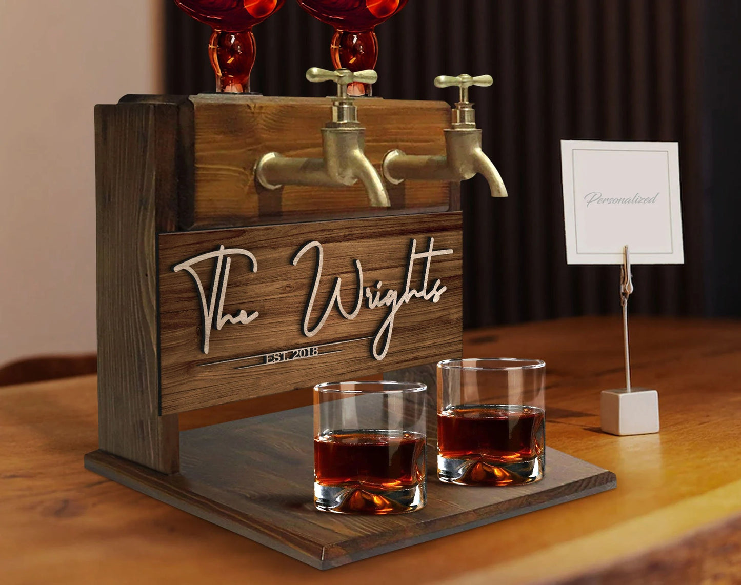 Personalized Family Name Double Faucet Whiskey Dispenser Home Bar