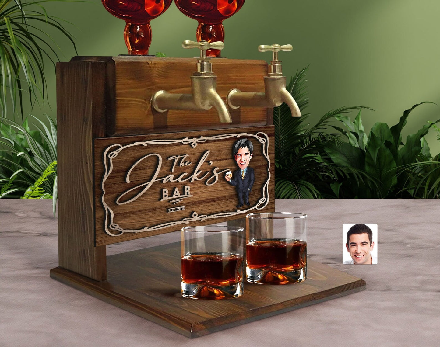 Personalized Cartoon Wooden Double Faucet Whiskey Liquor Dispenser Fountain