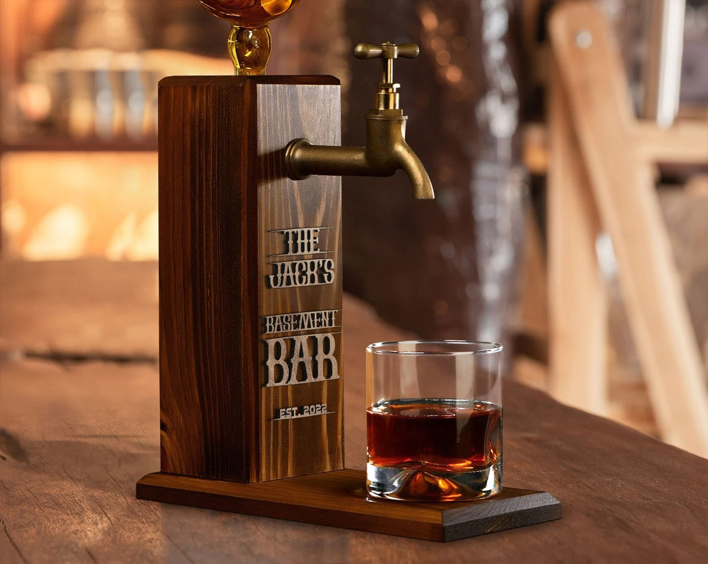 Personalized Whiskey Dispenser: Embossed Wood Liquor Bar Decor