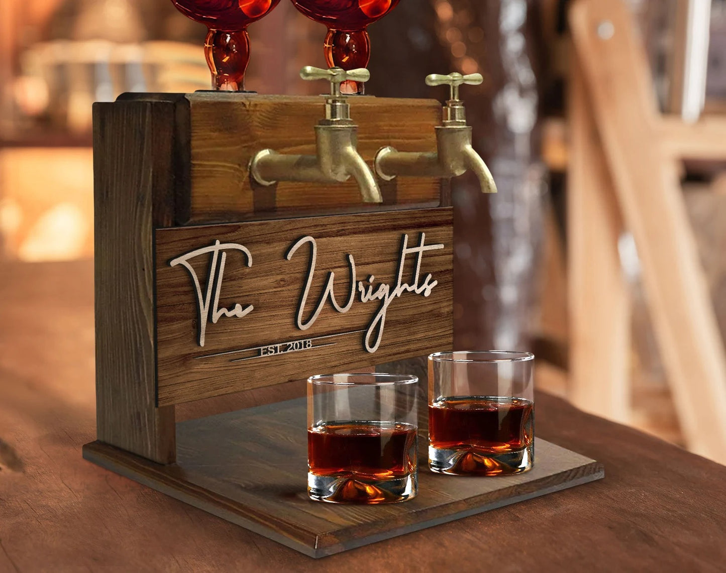 Personalized Family Name Double Faucet Whiskey Dispenser Home Bar