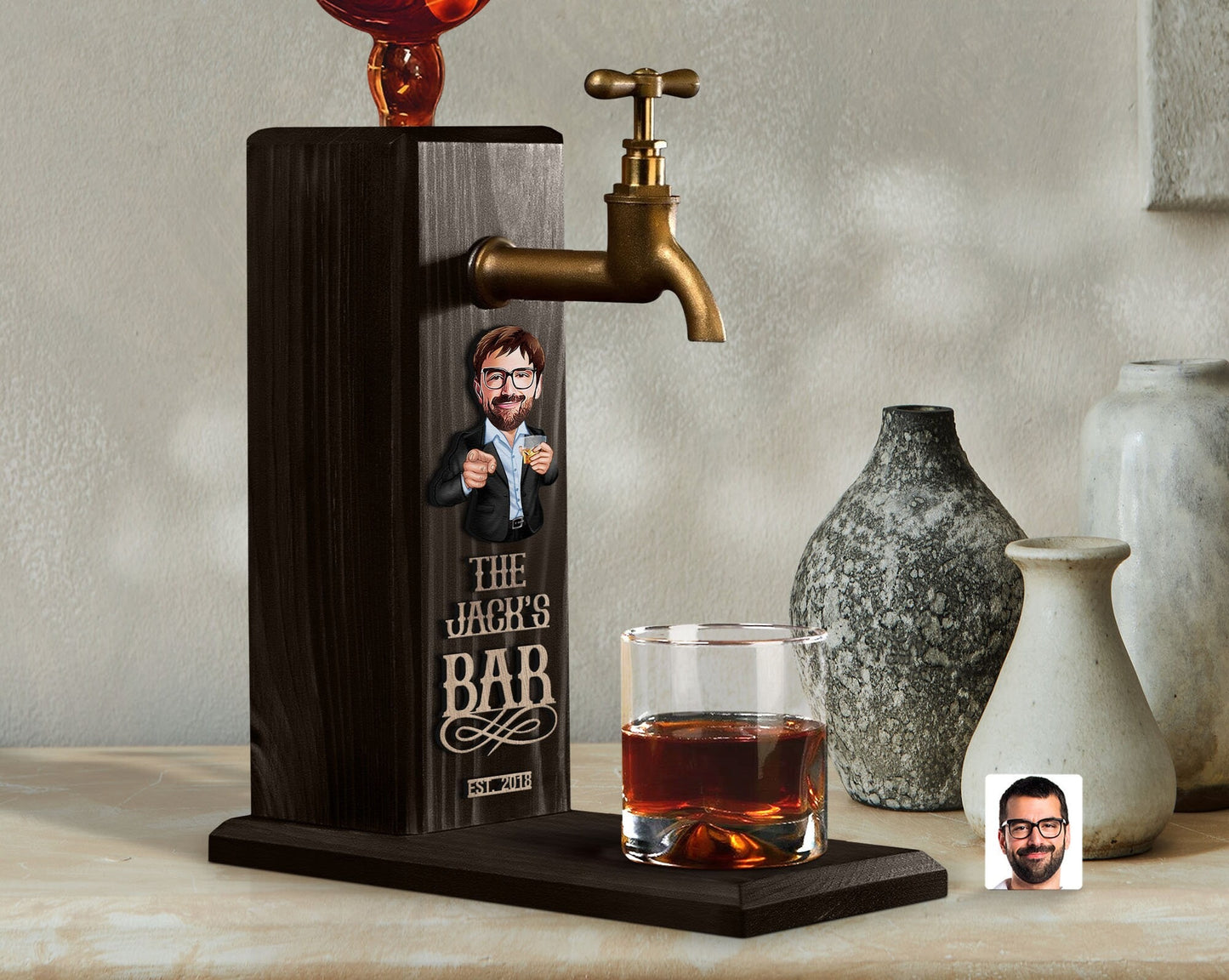 Personalized Whiskey Dispenser with Embossed Name and Cartoon Design