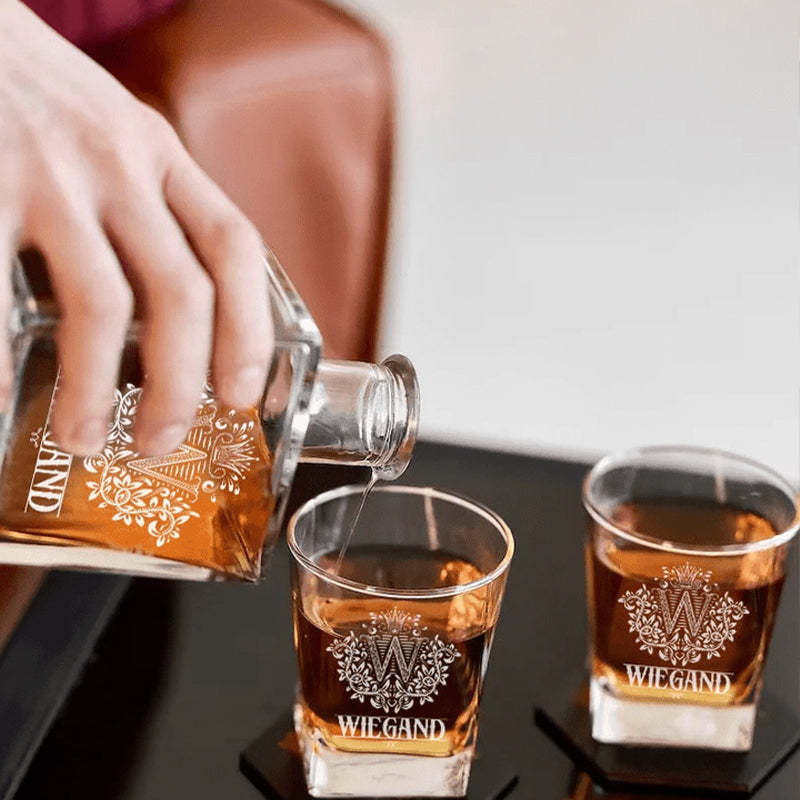Personalized Whiskey Decanter Set with Wooden Box and Coasters