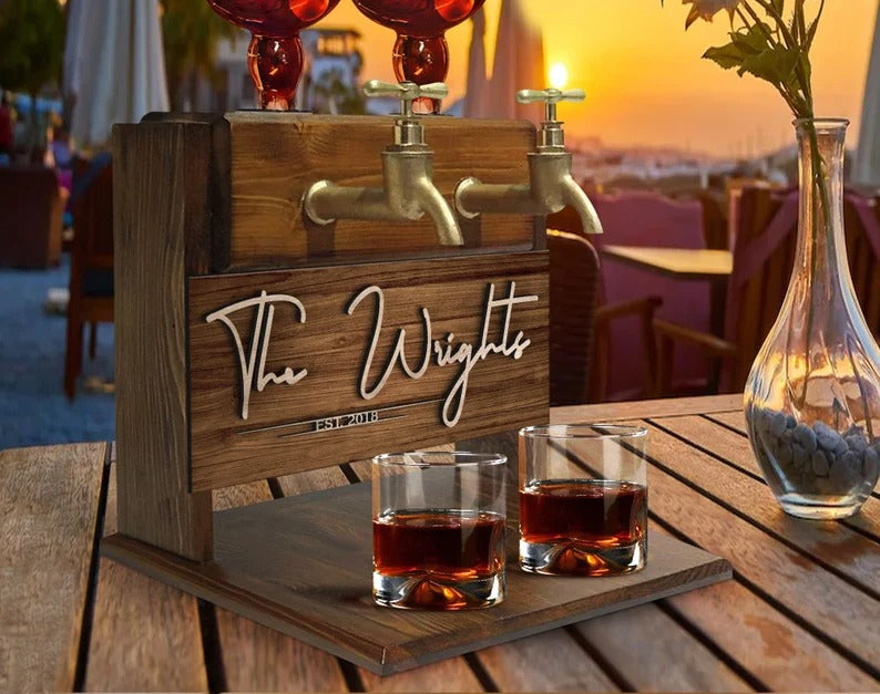 Personalized Family Name Double Faucet Whiskey Dispenser Home Bar