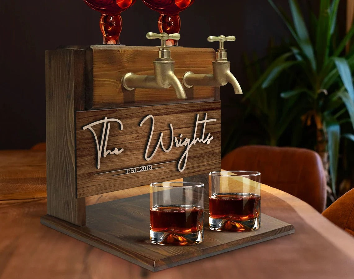 Personalized Family Name Double Faucet Whiskey Dispenser Home Bar