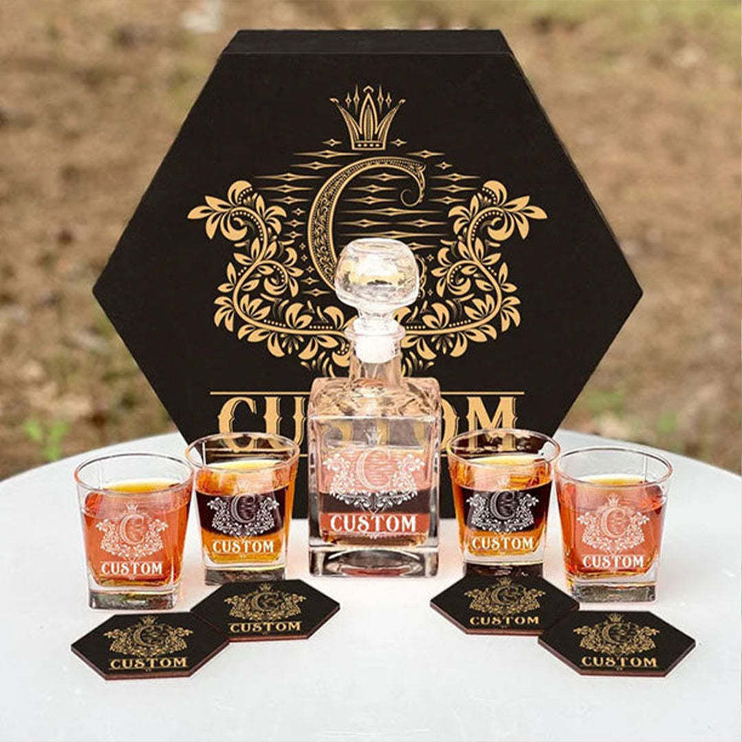 Personalized Whiskey Decanter Set with Wooden Box and Coasters