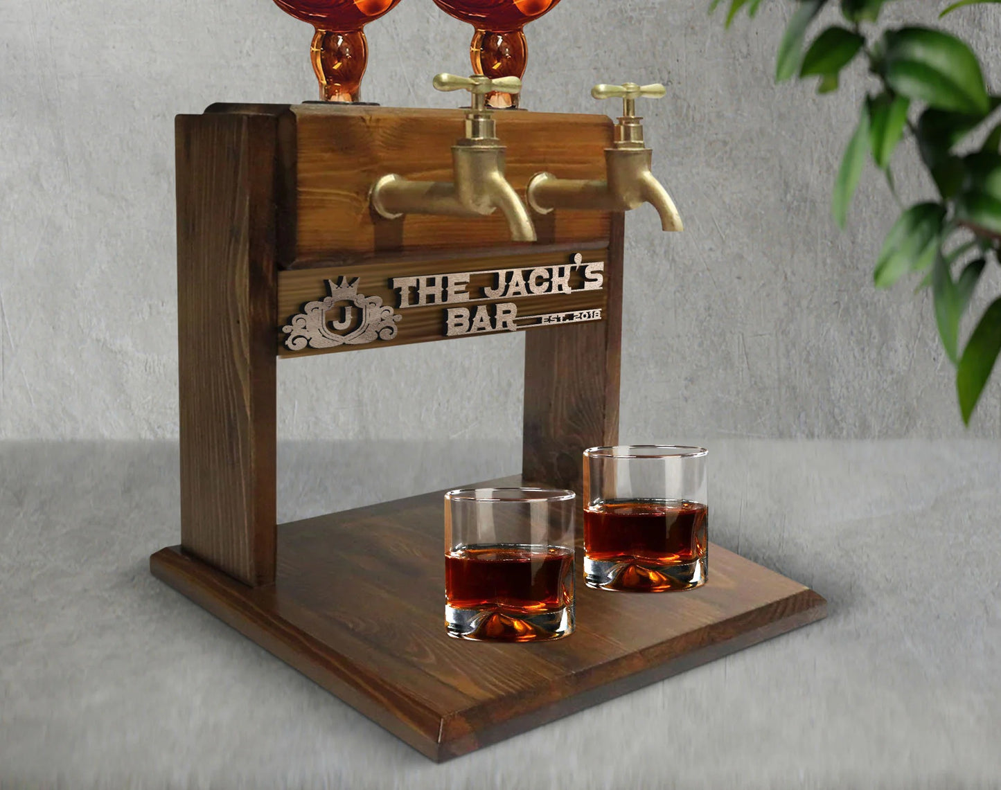 Personalized Engraved Wooden Double Faucet Whiskey and Liquor Dispenser