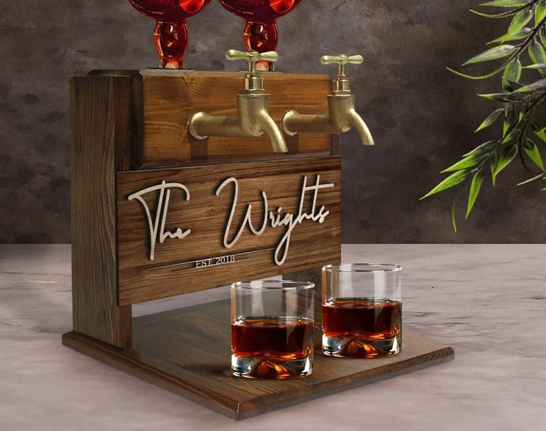 Personalized Family Name Double Faucet Whiskey Dispenser Home Bar