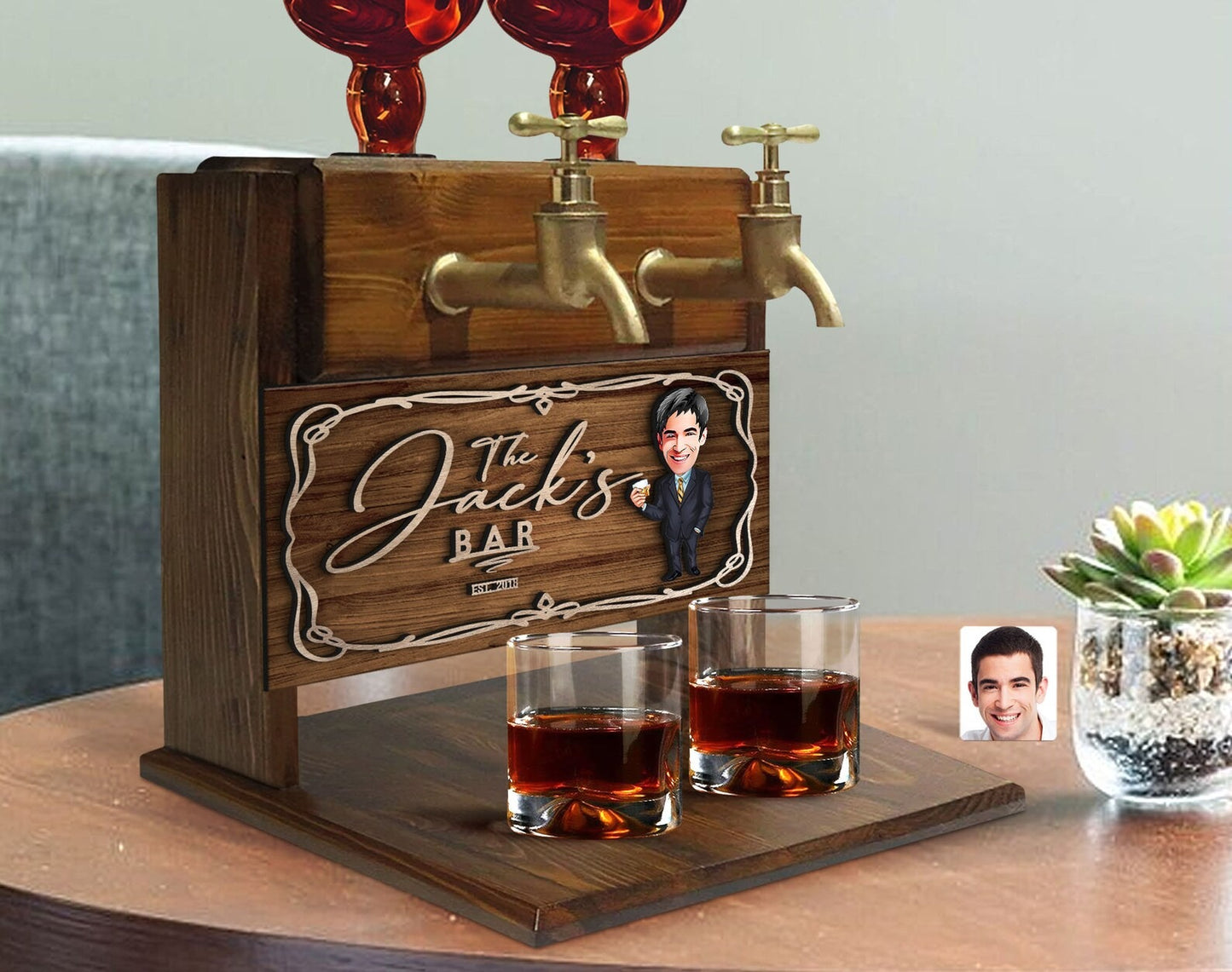 Personalized Cartoon Wooden Double Faucet Whiskey Liquor Dispenser Fountain