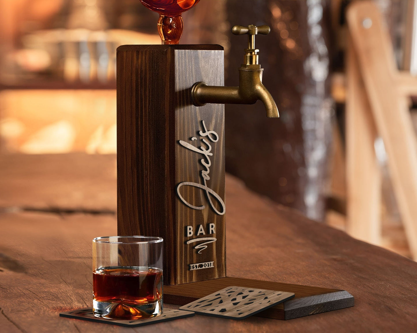 Personalized Whiskey Dispenser: Embossed Wood Liquor Bar Decor