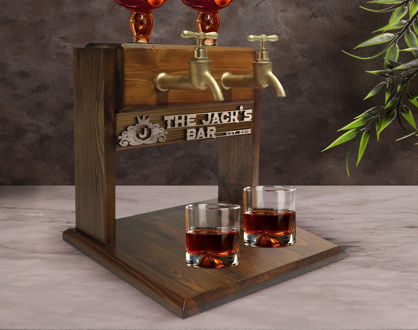 Personalized Engraved Wooden Double Faucet Whiskey and Liquor Dispenser