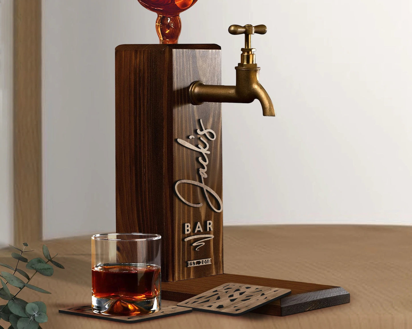Personalized Whiskey Dispenser: Embossed Wood Liquor Bar Decor