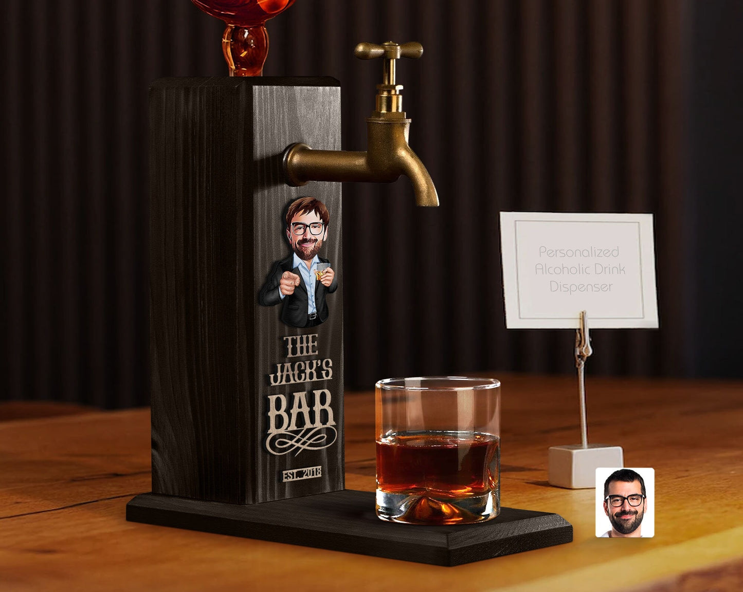 Personalized Whiskey Dispenser with Embossed Name and Cartoon Design