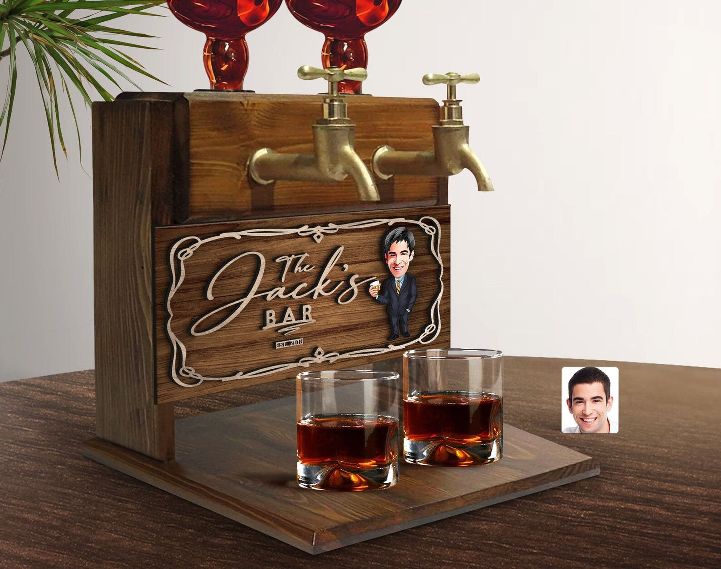 Personalized Cartoon Wooden Double Faucet Whiskey Liquor Dispenser Fountain