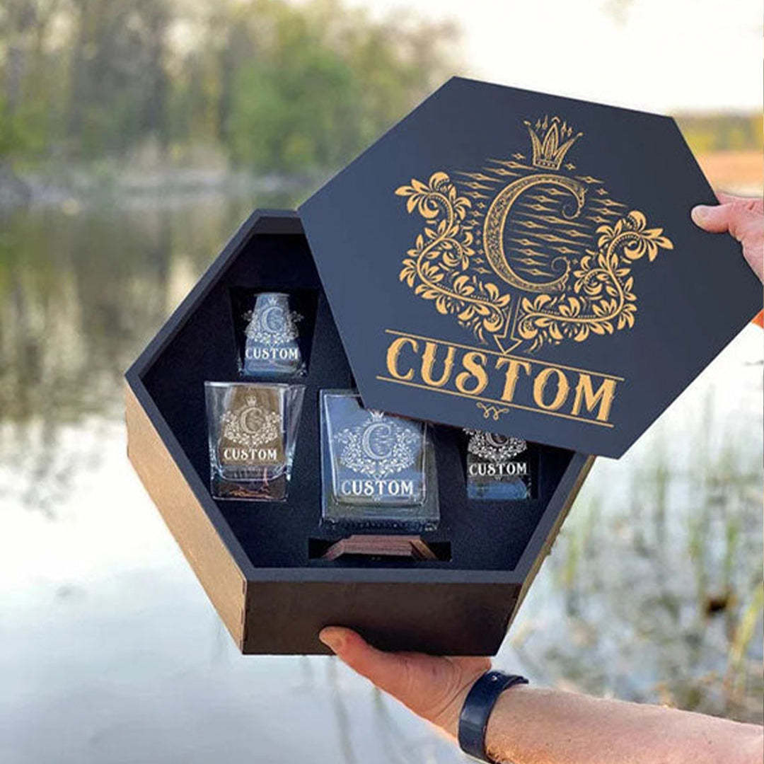 Personalized Whiskey Decanter Set with Wooden Box and Coasters