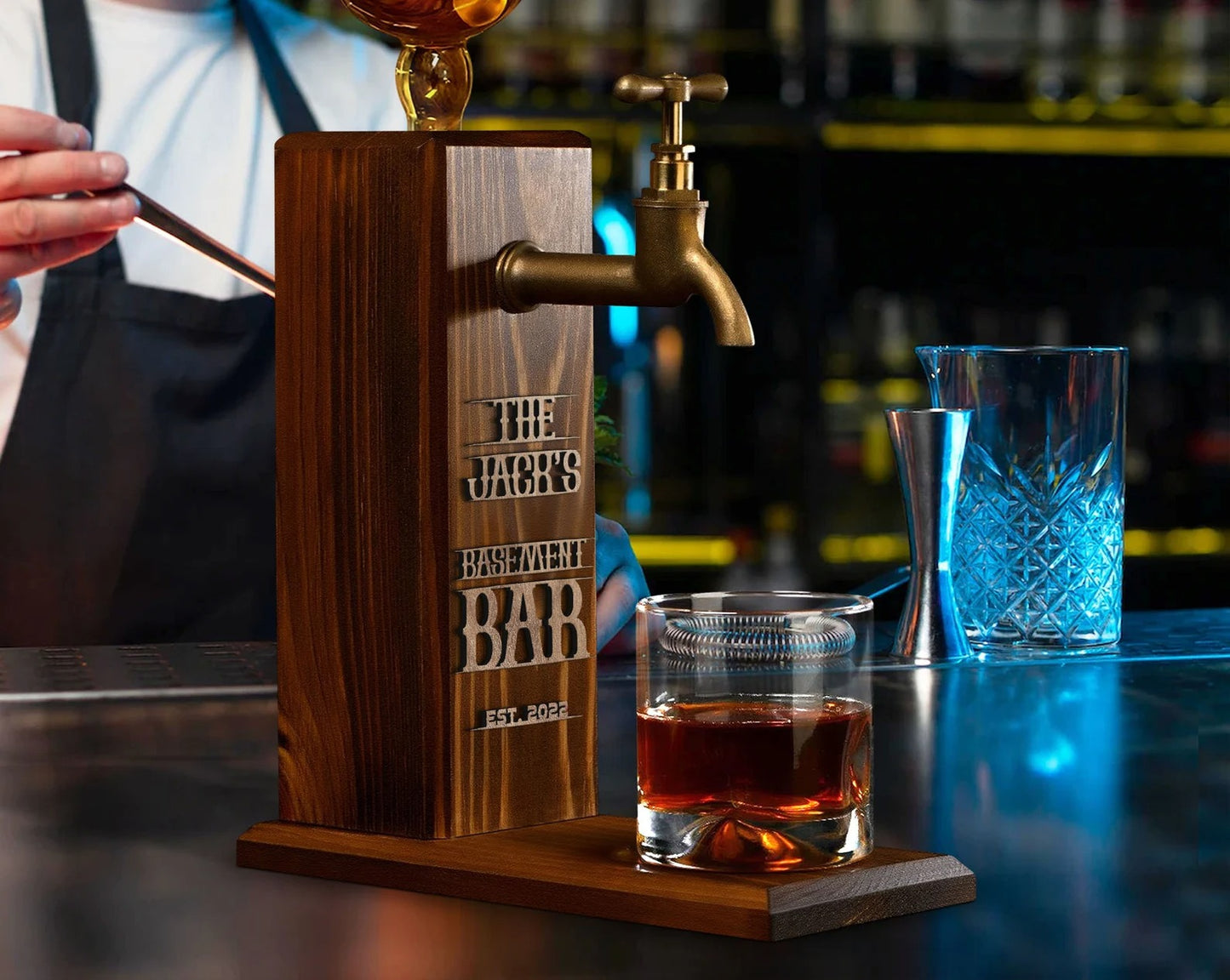 Personalized Whiskey Dispenser: Embossed Wood Liquor Bar Decor