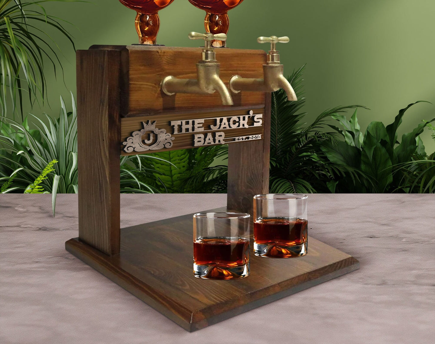 Personalized Engraved Wooden Double Faucet Whiskey and Liquor Dispenser