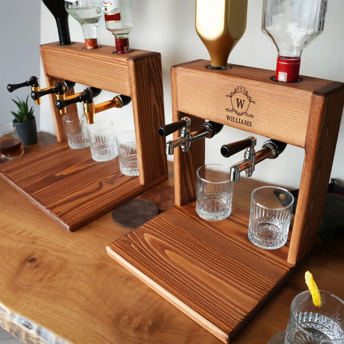 Personalized Wooden Whiskey Decanter Liquor Dispenser with Glasses