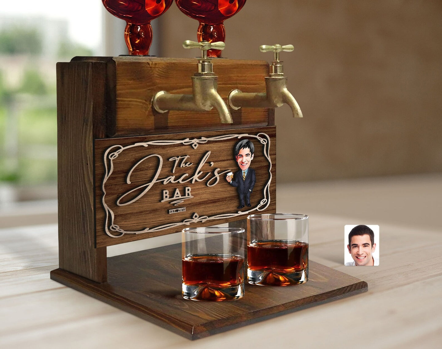 Personalized Cartoon Wooden Double Faucet Whiskey Liquor Dispenser Fountain