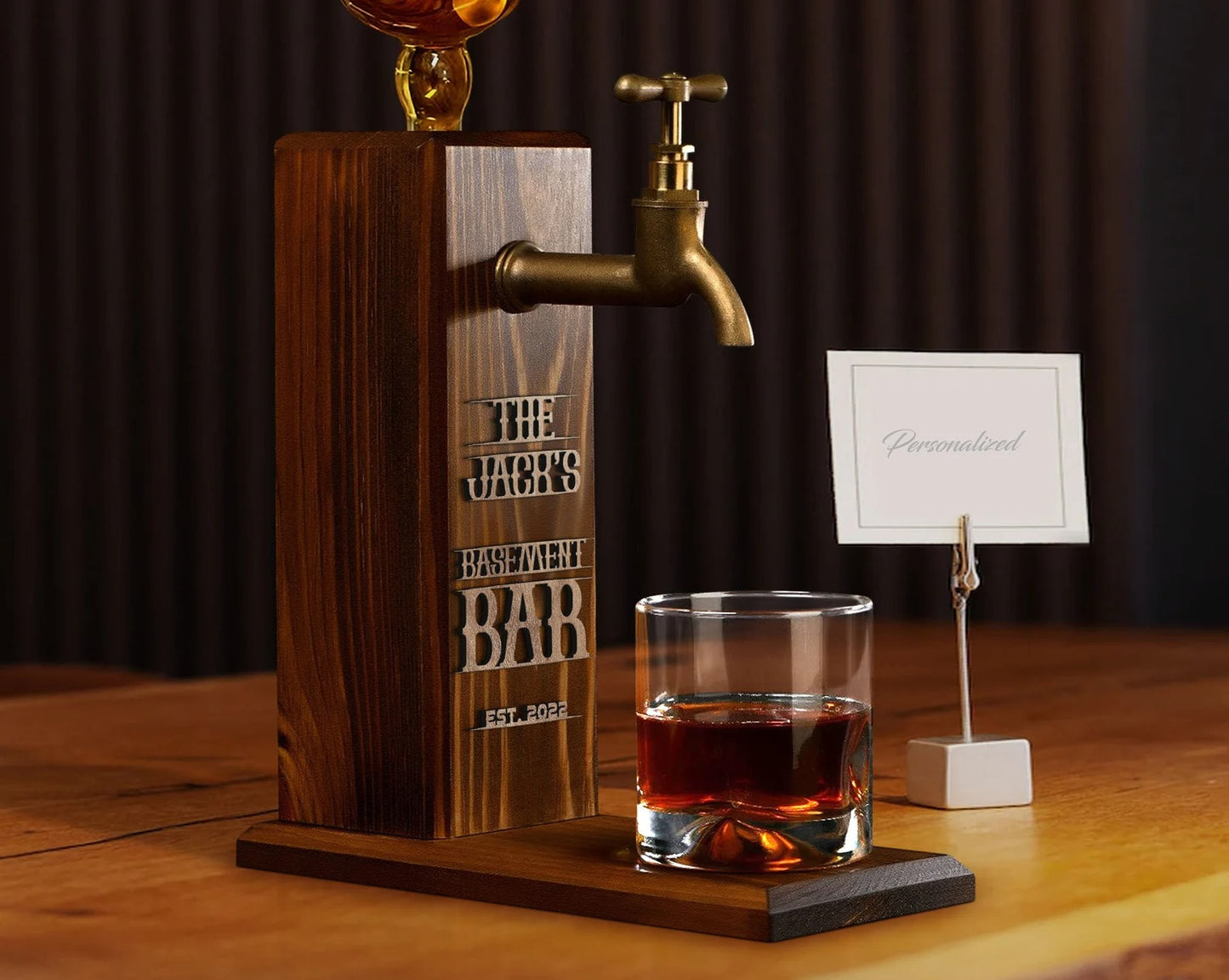 Personalized Whiskey Dispenser: Embossed Wood Liquor Bar Decor