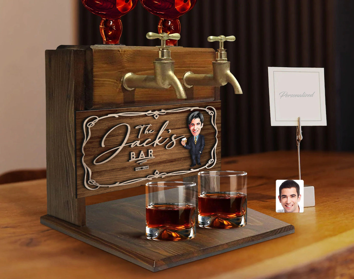 Personalized Cartoon Wooden Double Faucet Whiskey Liquor Dispenser Fountain