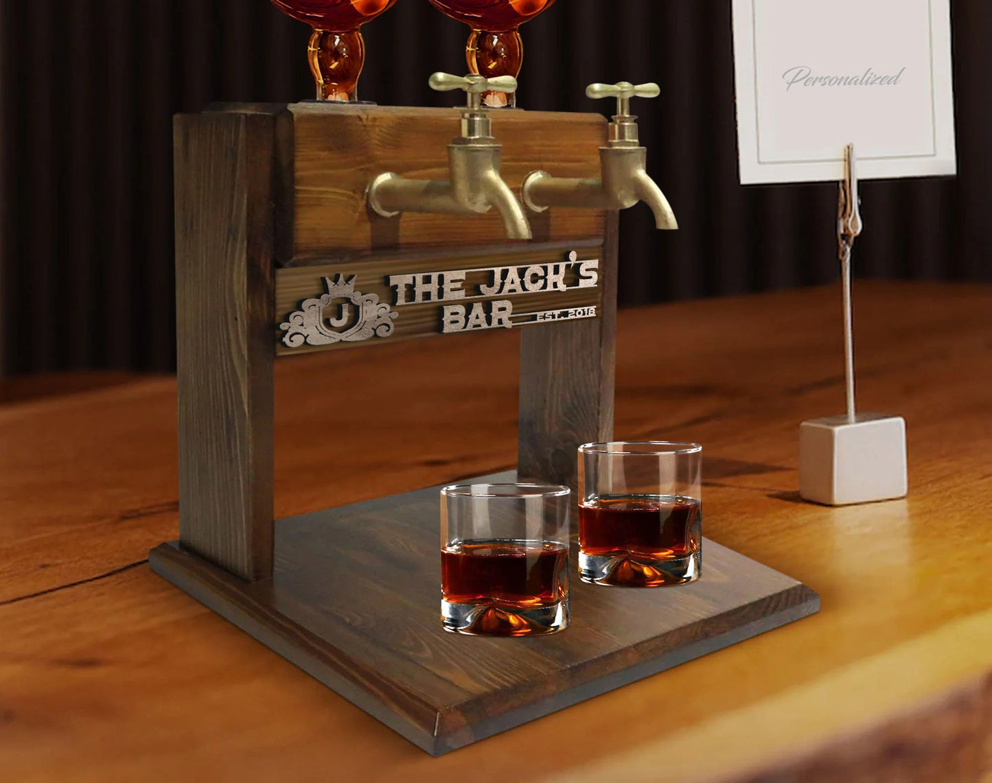 Personalized Engraved Wooden Double Faucet Whiskey and Liquor Dispenser
