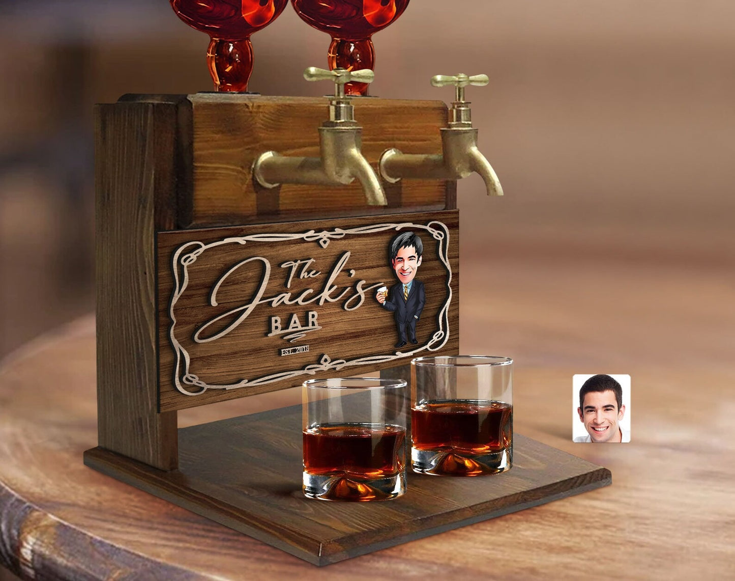 Personalized Cartoon Wooden Double Faucet Whiskey Liquor Dispenser Fountain