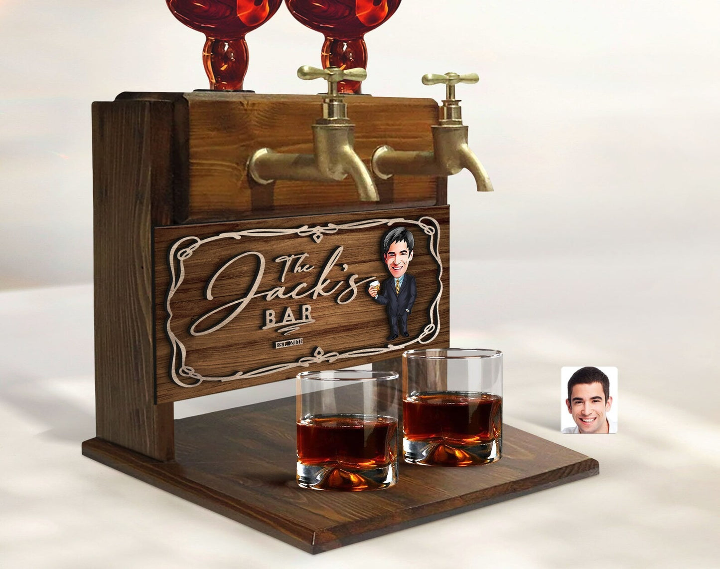 Personalized Cartoon Wooden Double Faucet Whiskey Liquor Dispenser Fountain