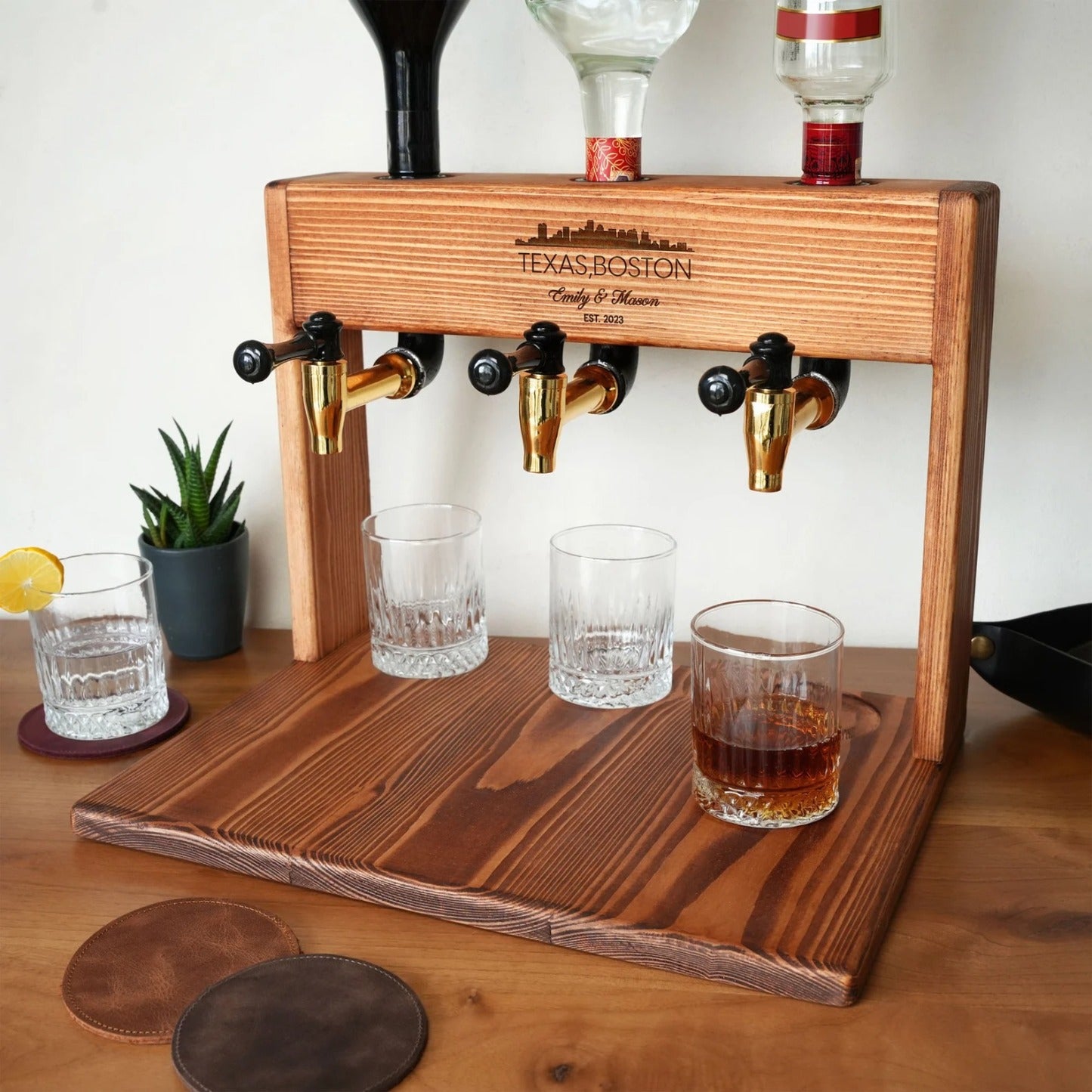 Personalized Wooden Whiskey Decanter Liquor Dispenser with Glasses