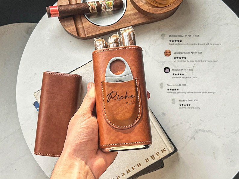 Personalized Leather Cigar Case with Cutter, Father's Day Gift