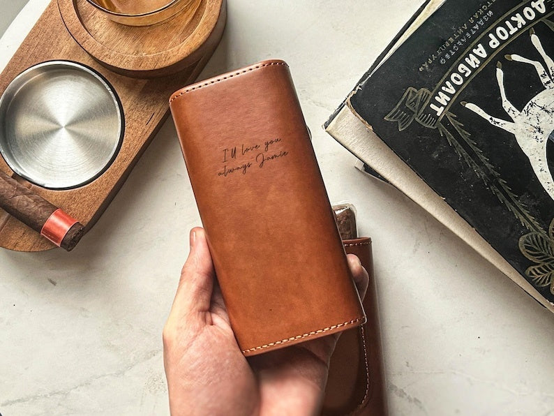 Personalized Leather Cigar Case with Cutter, Father's Day Gift