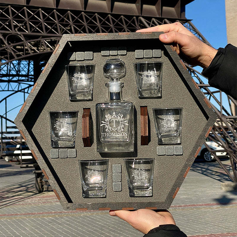 Personalized Whiskey Decanter Set Engraved with Box and Glasses