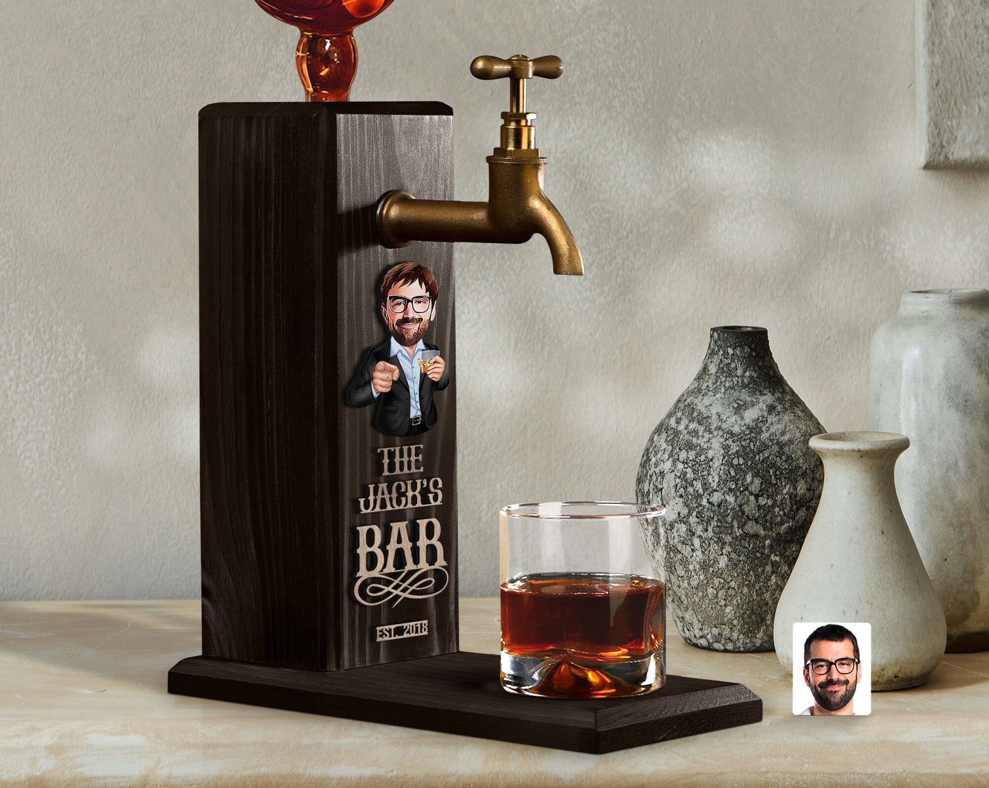 Personalized Whiskey Dispenser with Embossed Name and Cartoon Design