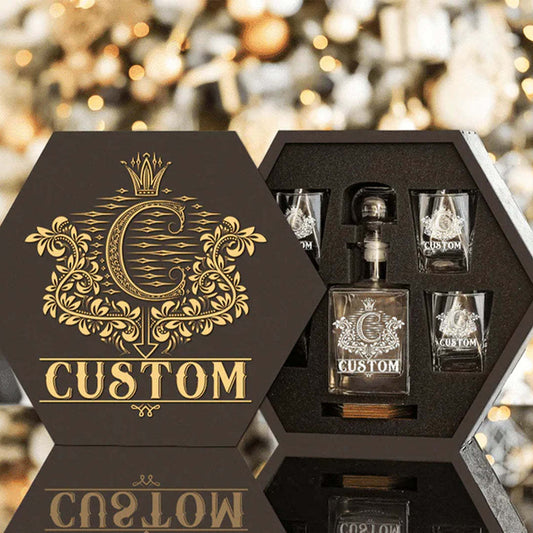 Engraved Whiskey Set - Decanter, Glasses, Coasters, Personalized Box