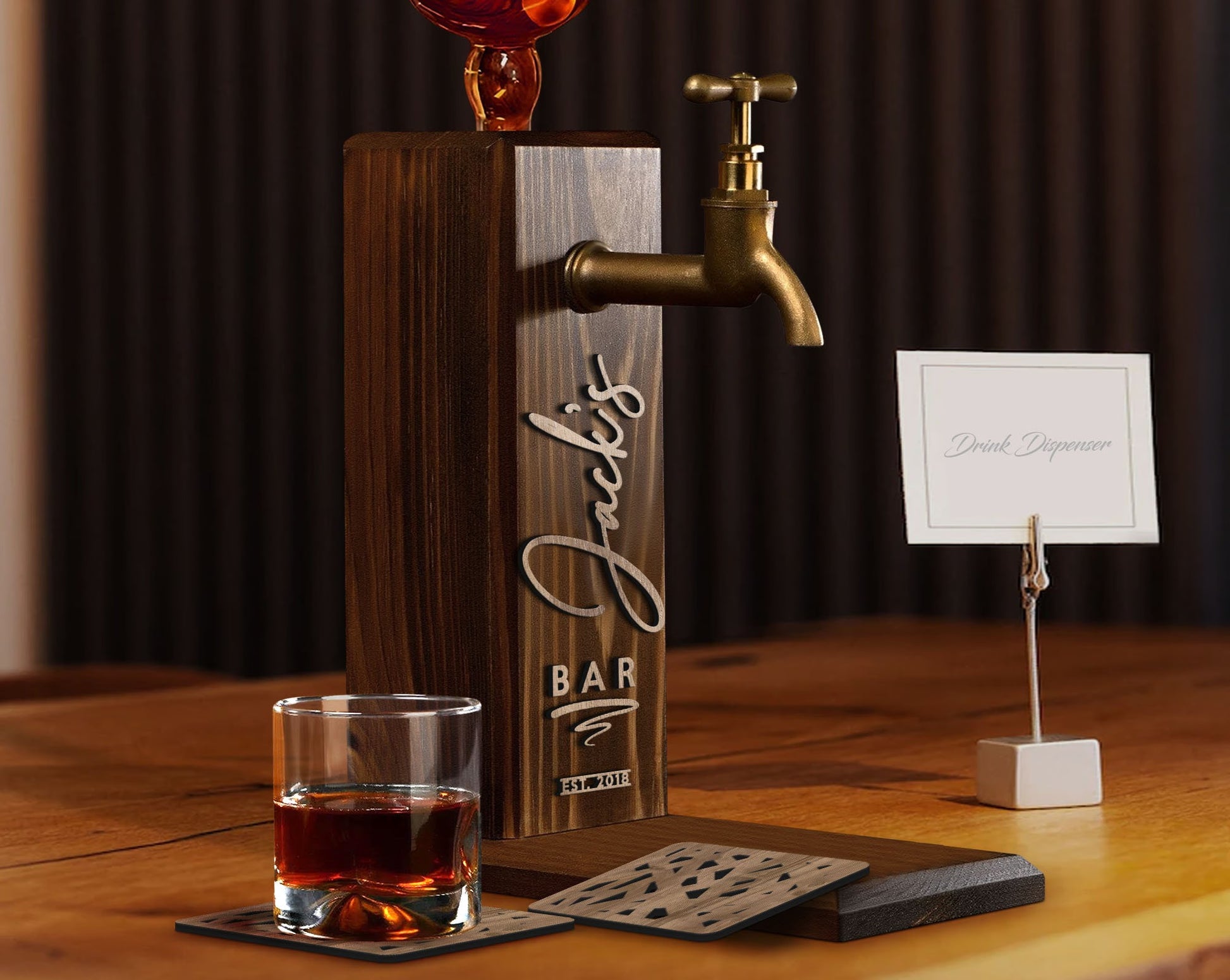 Personalized Whiskey Dispenser with Coasters Set - Bar, Pub, Home