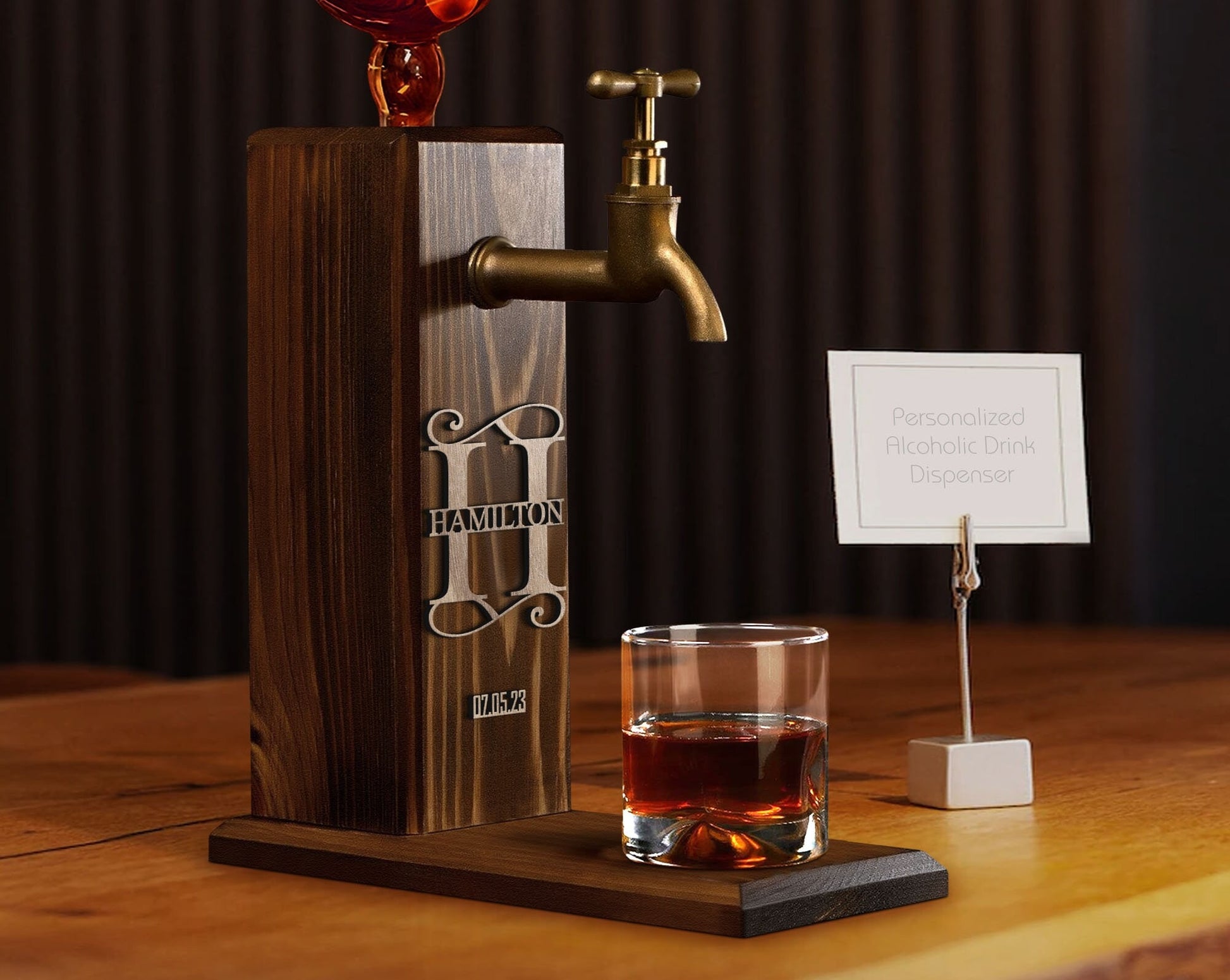Personalized Embossed Name Wooden Whiskey Liquor Beverage Dispenser Gift
