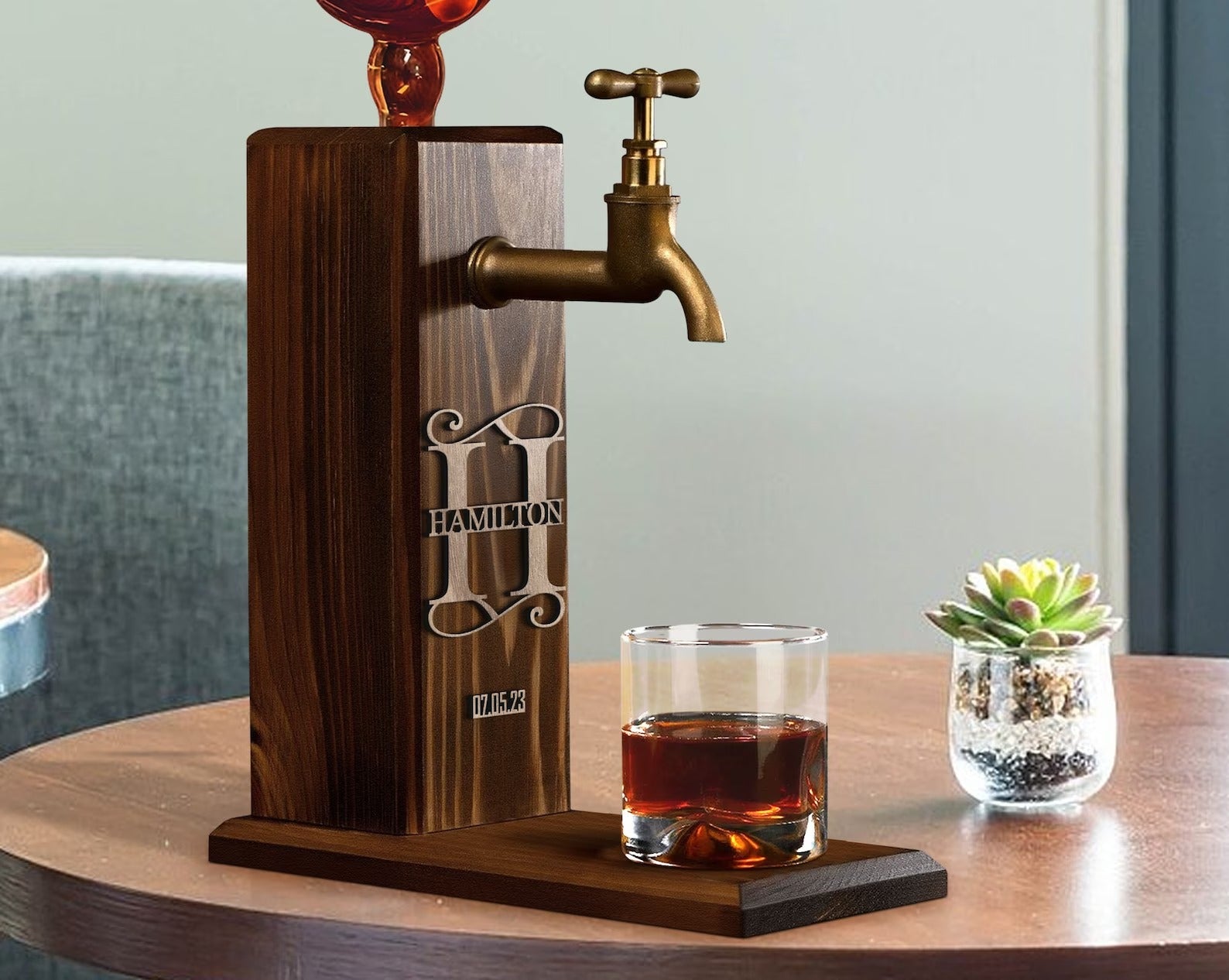 Personalized Embossed Name Wooden Whiskey Liquor Beverage Dispenser Gift