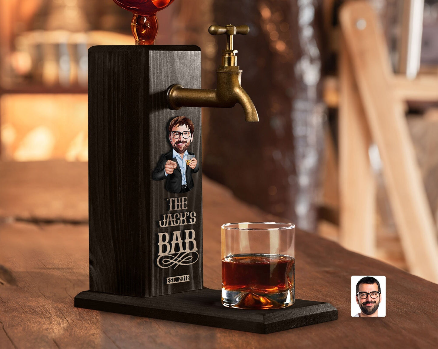 Personalized Whiskey Dispenser with Embossed Name and Cartoon Design