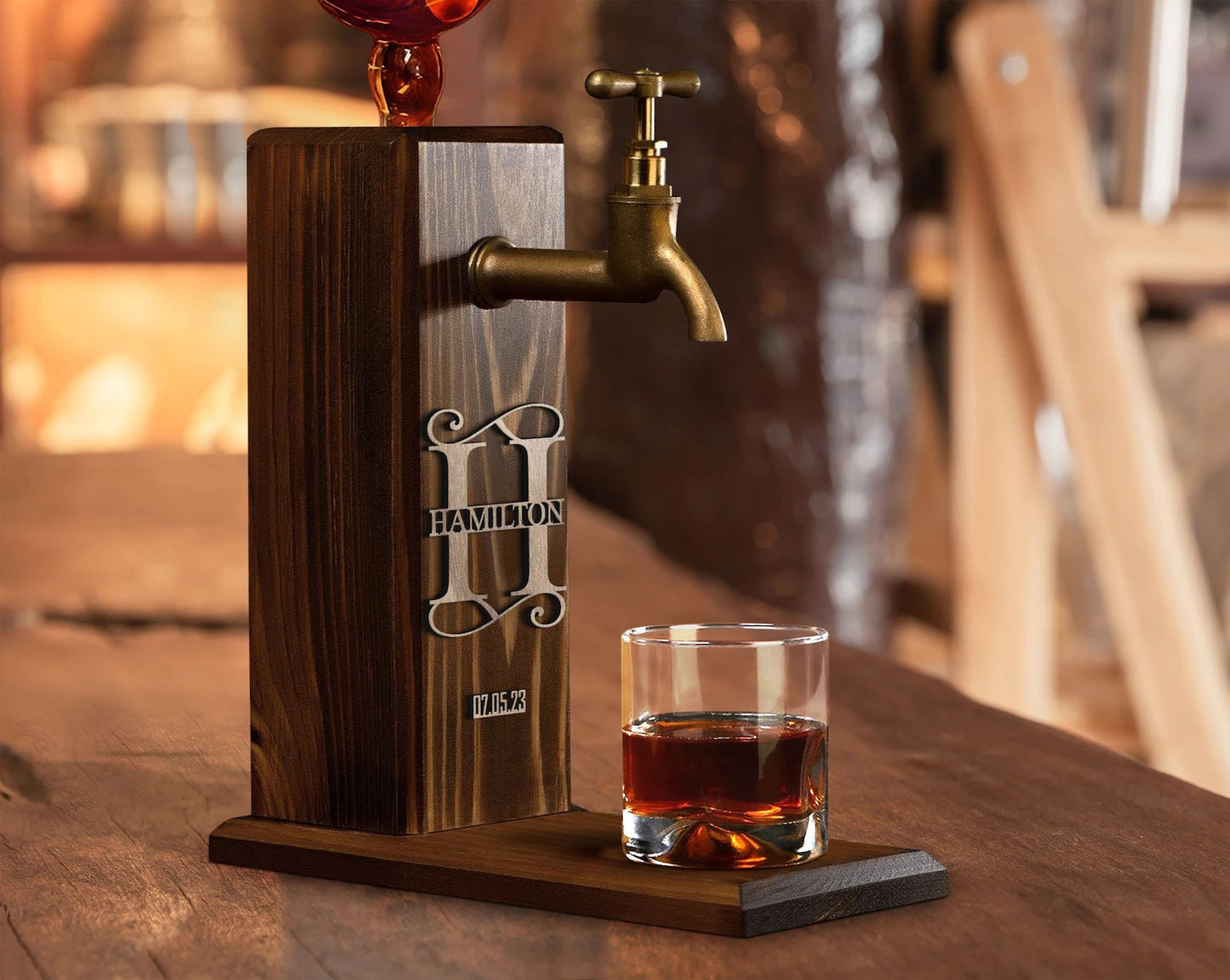 Personalized Embossed Name Wooden Whiskey Liquor Beverage Dispenser Gift