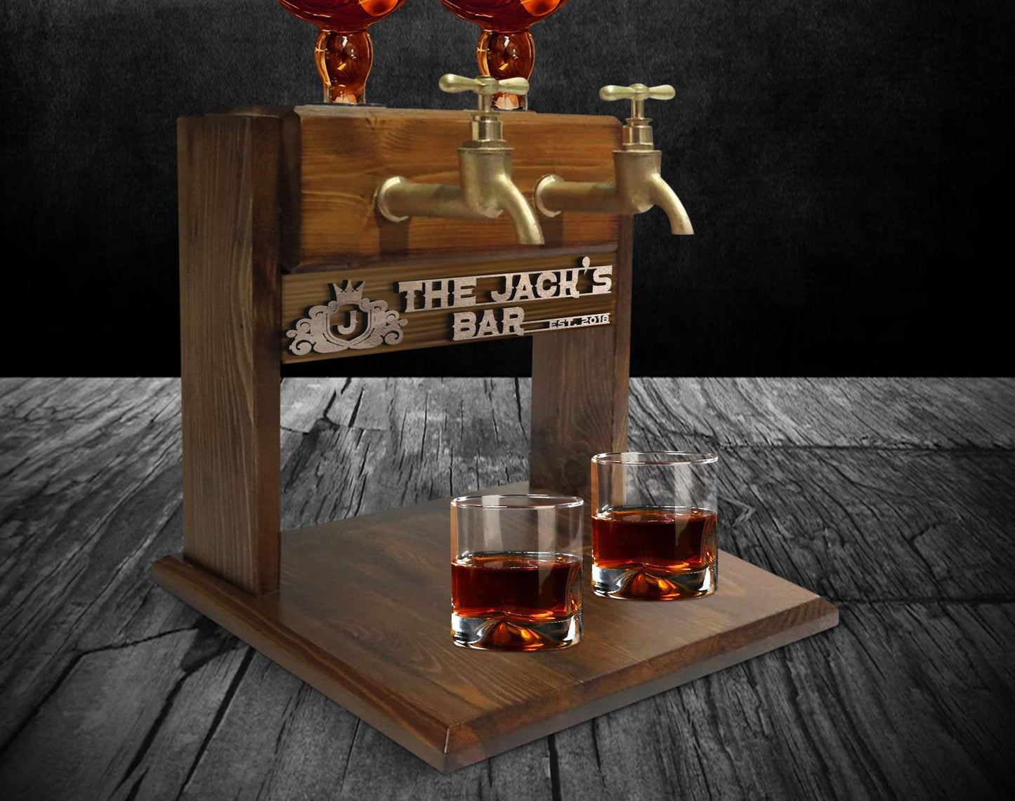 Personalized Engraved Wooden Double Faucet Whiskey and Liquor Dispenser