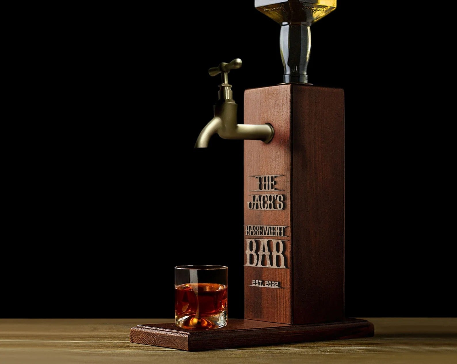 Personalized Whiskey Dispenser: Embossed Wood Liquor Bar Decor