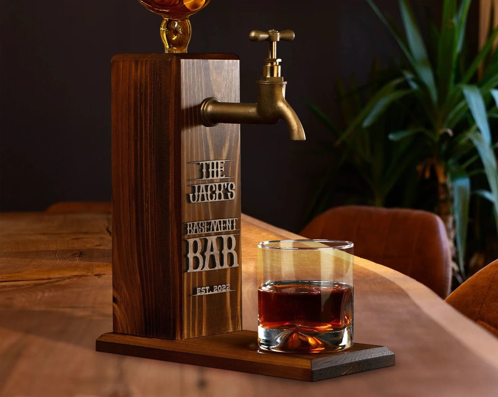 Personalized Whiskey Dispenser: Embossed Wood Liquor Bar Decor