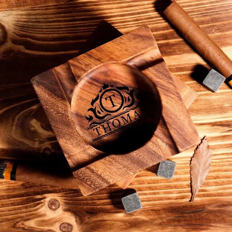 Personalized Walnut Wood Cigar Ashtray with Holder, Perfect Gift