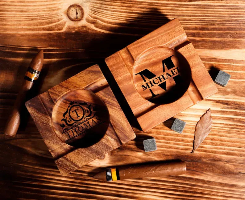 Personalized Walnut Wood Cigar Ashtray with Holder, Perfect Gift