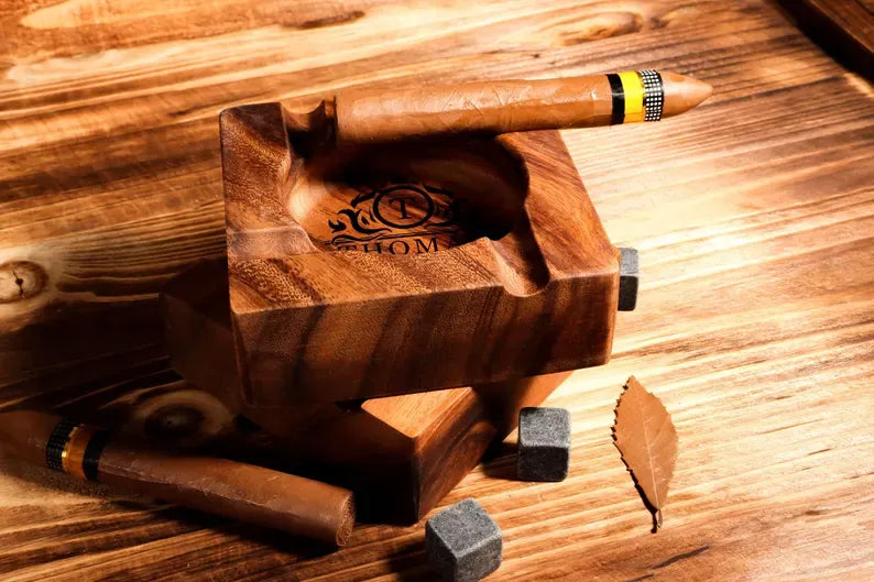 Personalized Walnut Wood Cigar Ashtray with Holder, Perfect Gift